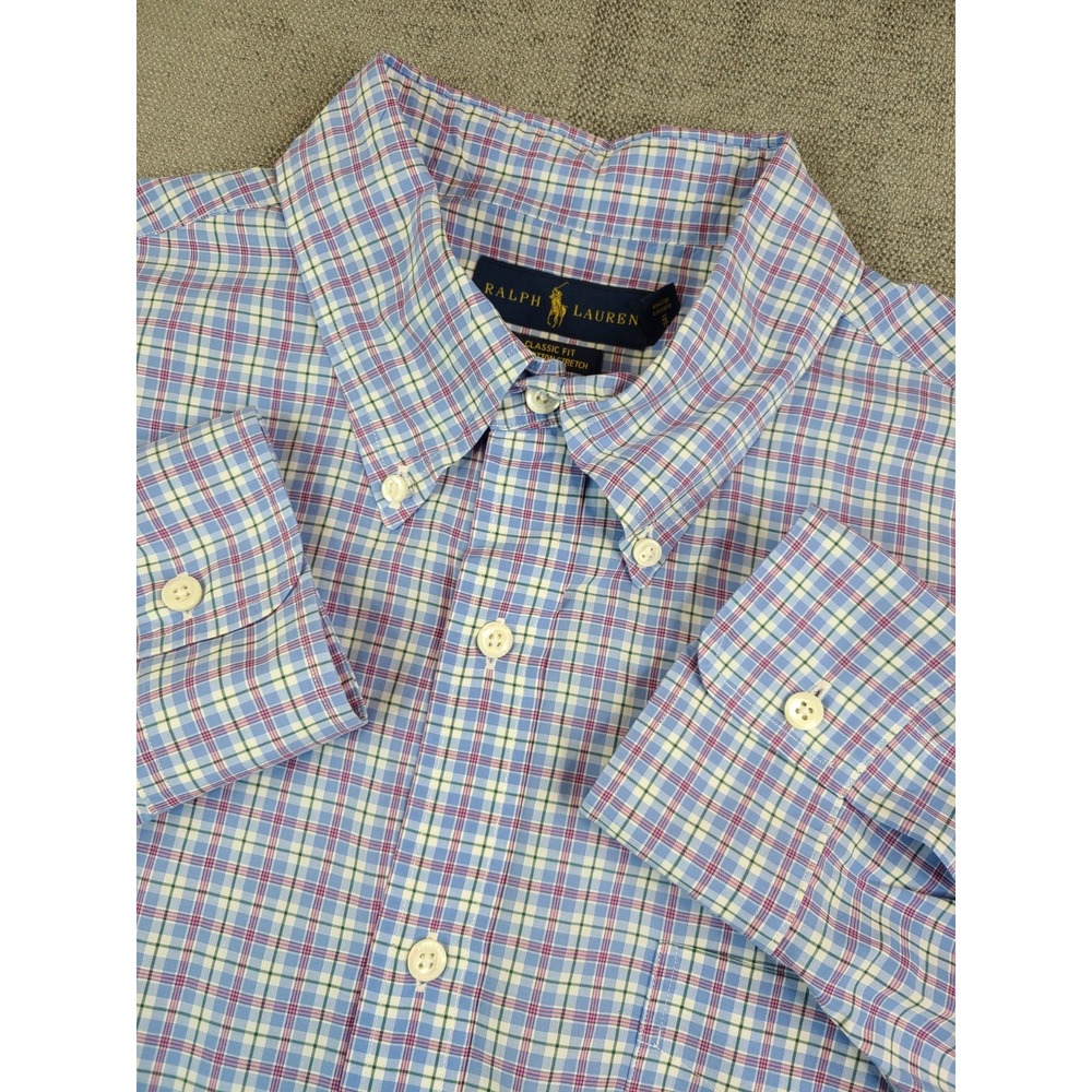 Polo Ralph Lauren Shirt Mens XL Blue Red Plaid Cotton Stretch Long Button Up